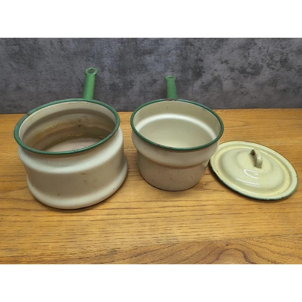 Vintage Enamelware Double‎ Boiler Cream Green Trim Circa 1930's - 40's Lid 3 Pcs